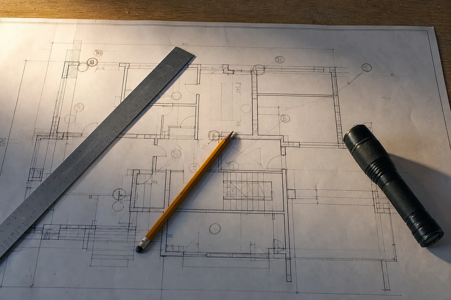 Plan de bâtiment annoté au crayon, pastilles marquant les emplacements des dispositifs, règle posée en travers