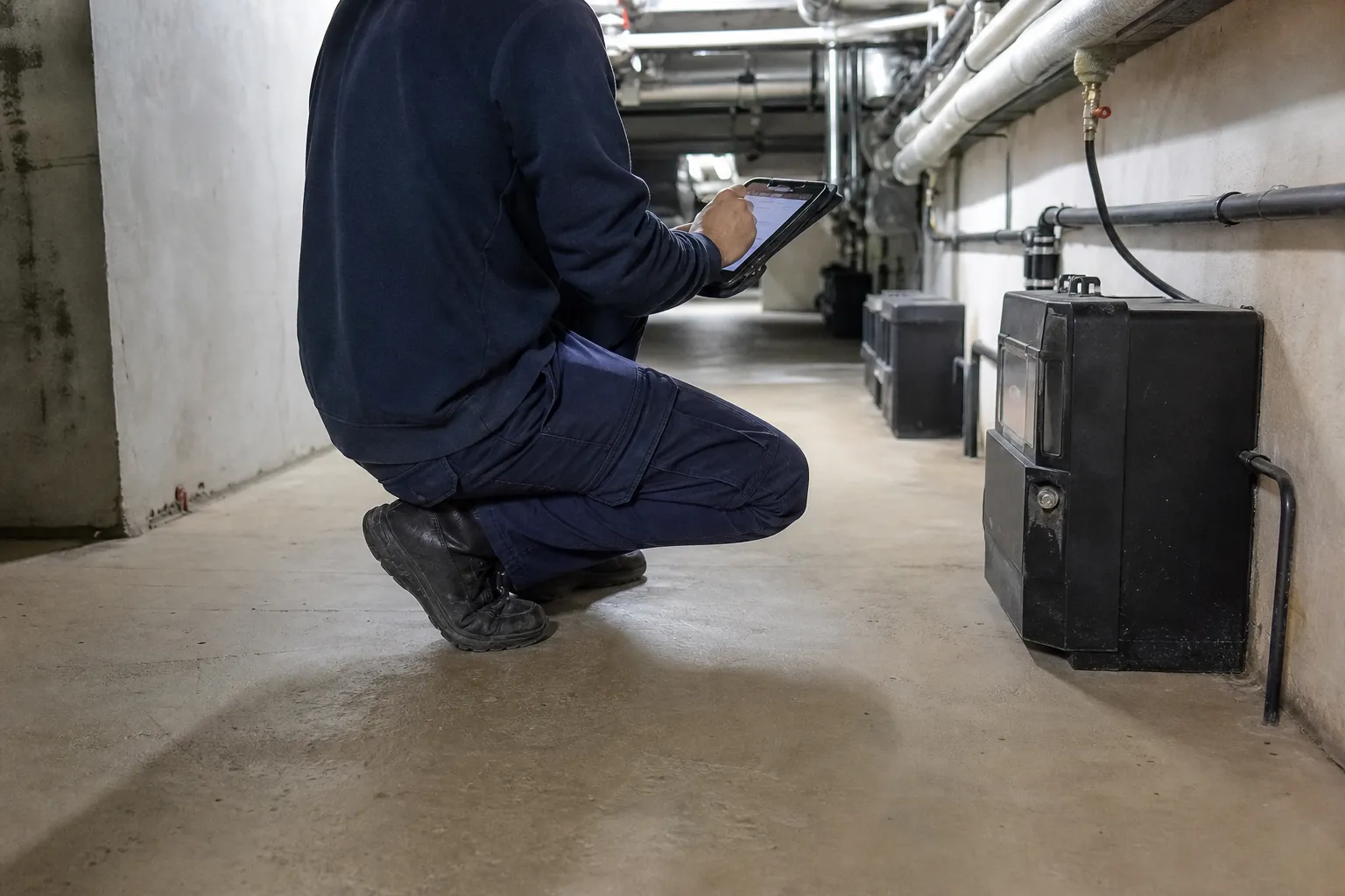 Technicien accroupi devant un poste numéroté, consignant une observation sur une tablette durcie