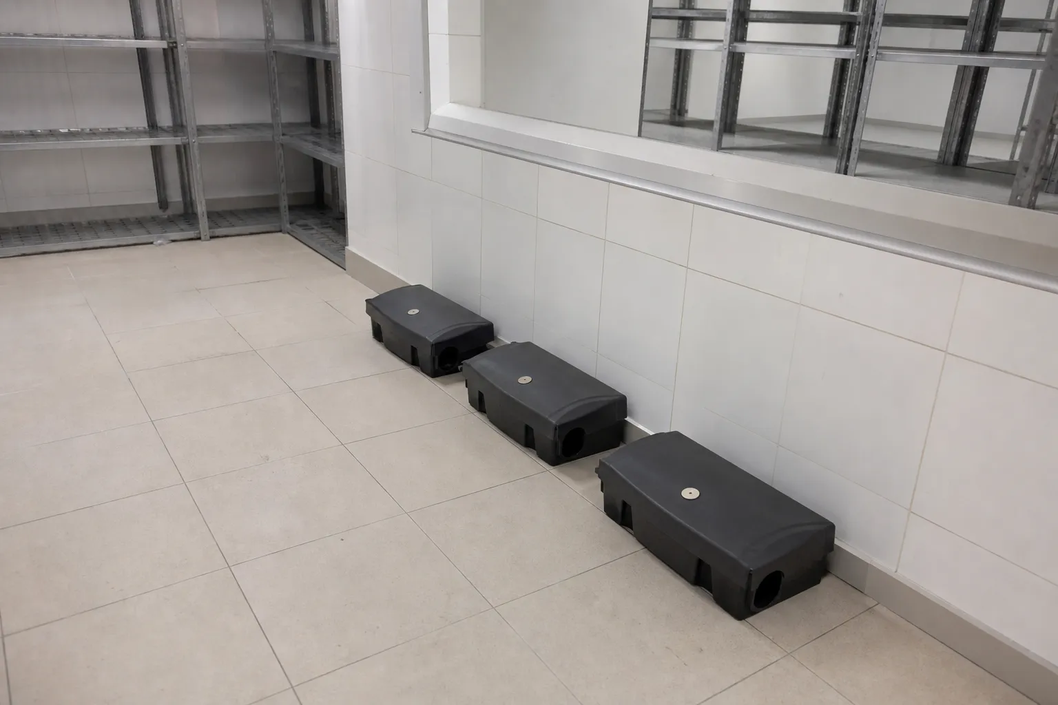 Trois postes d'appâtage numérotés alignés le long d'un mur de réserve aux rayonnages vides