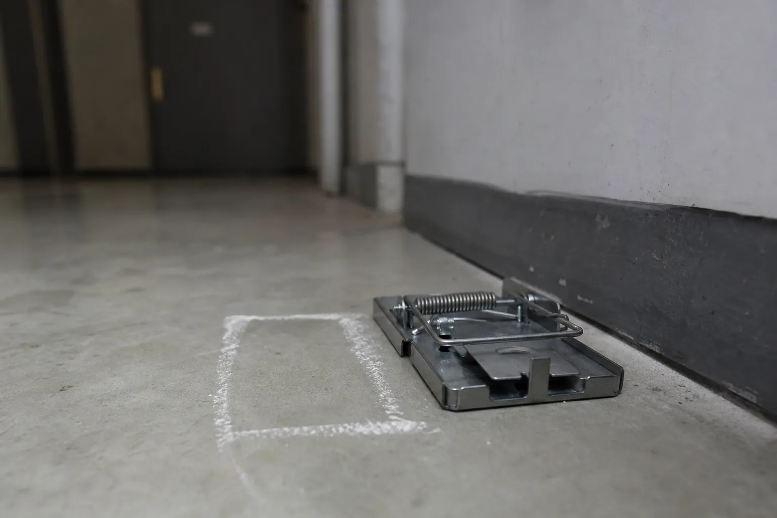 Piège mécanique métallique non armé posé le long d'une plinthe, emplacement repéré à la craie au sol