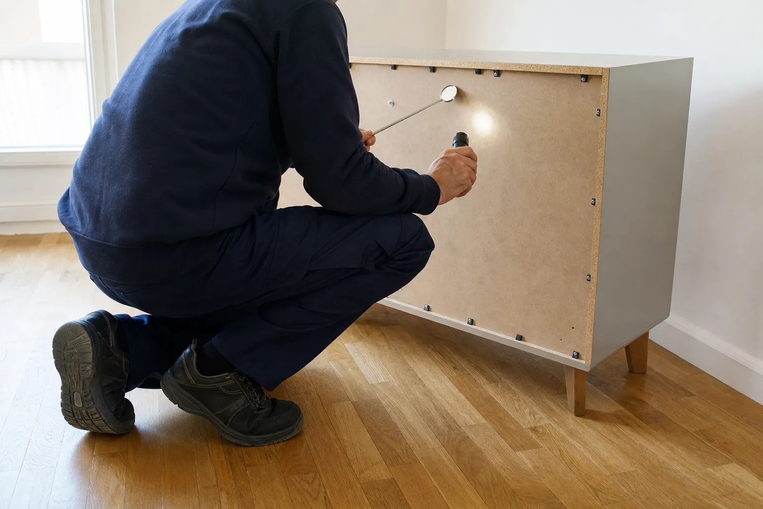 Technicien inspectant l'arrière d'un meuble bas écarté du mur, lampe torche et miroir télescopique en main