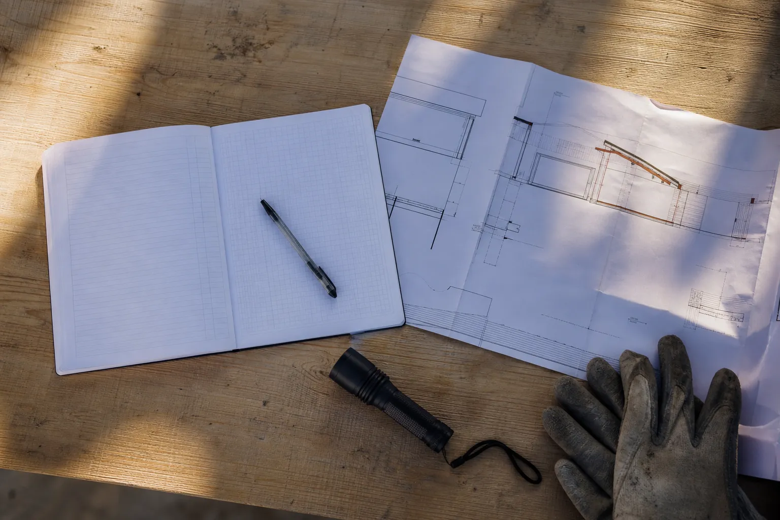 Carnet de relevé ouvert à côté d'un plan de bâtiment plié, stylo en travers, lampe torche et gants au bord de la table