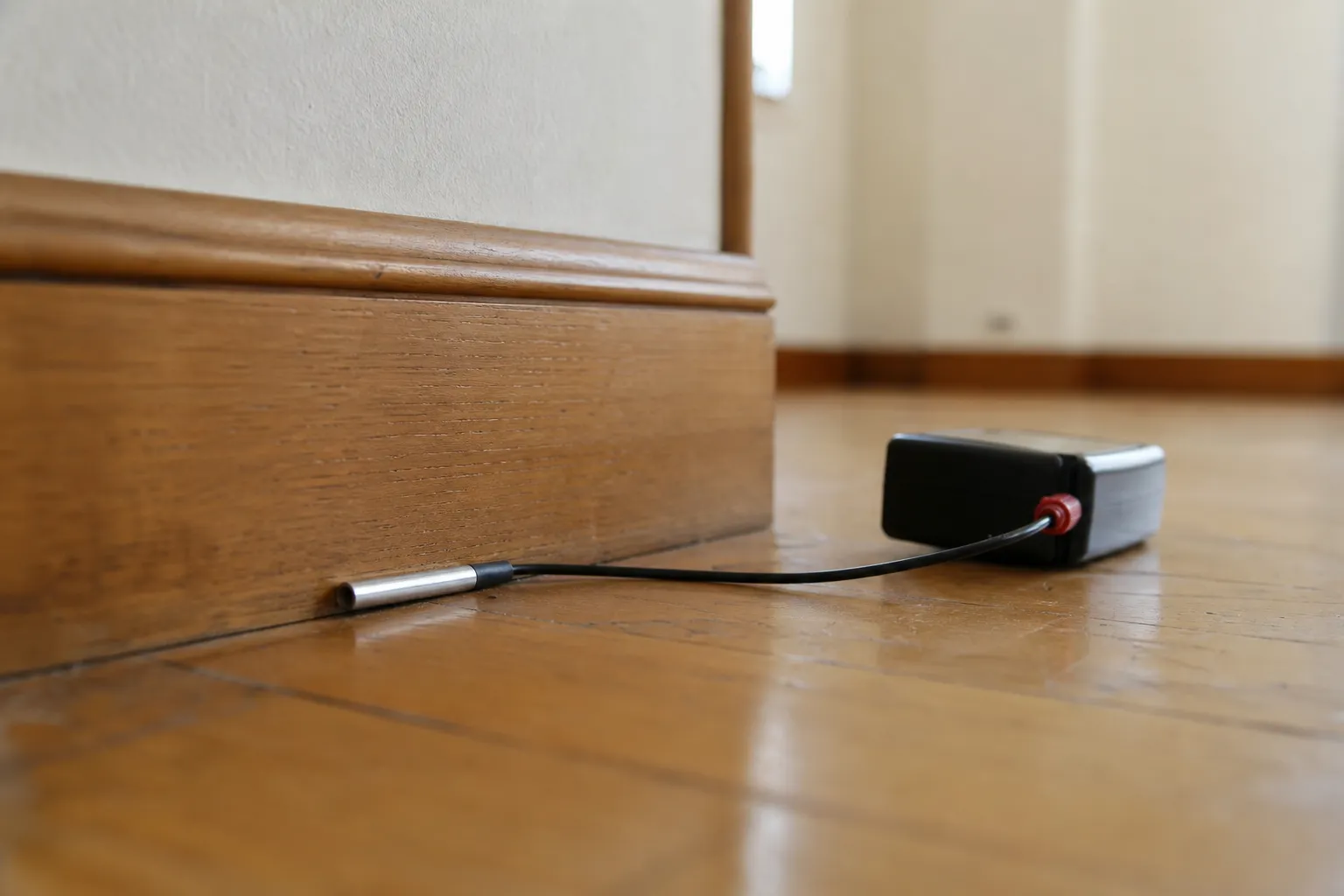 Sonde de température filaire posée au ras d'une plinthe, boîtier enregistreur relié sur le parquet