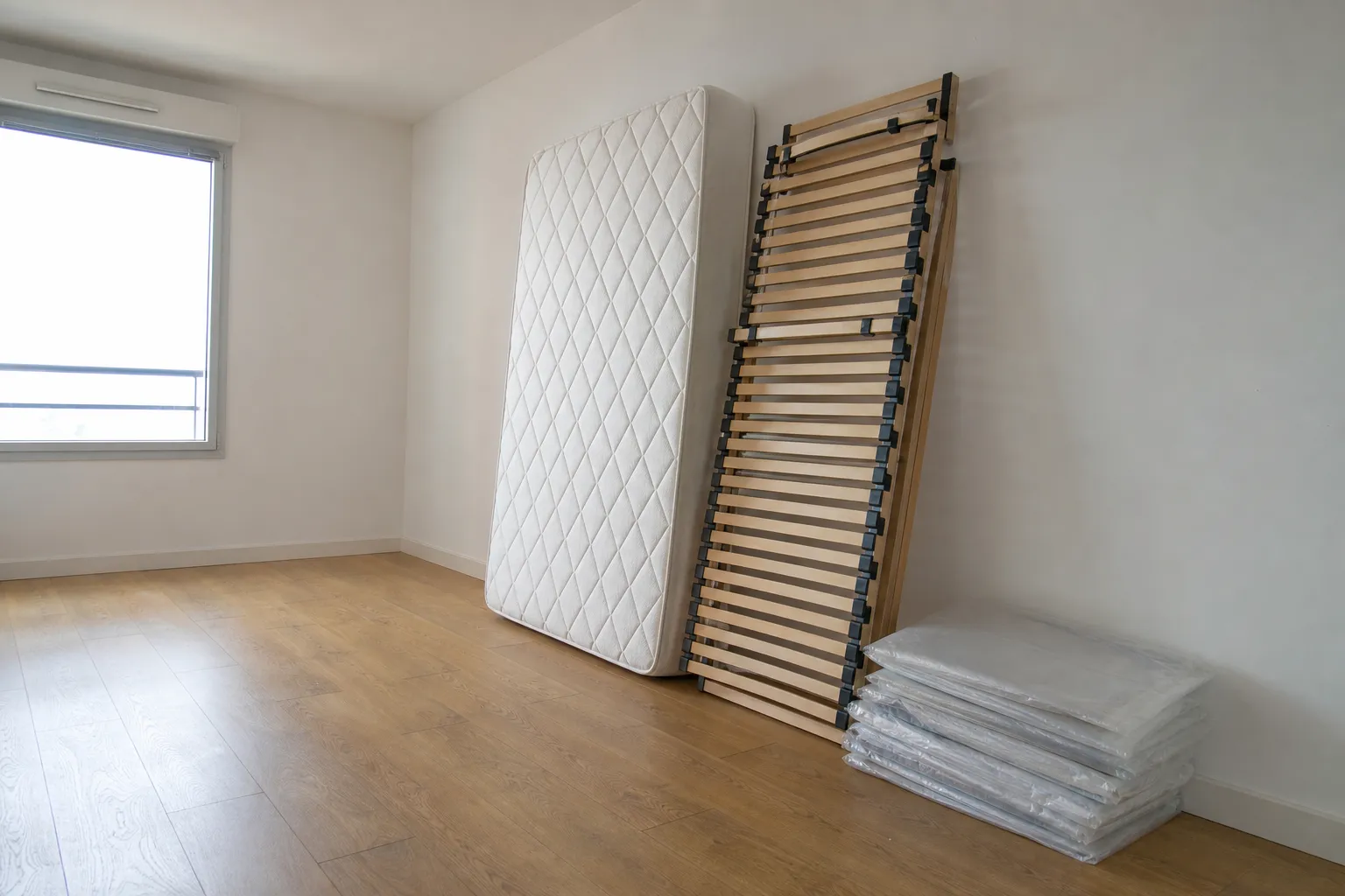 Matelas nu dressé contre un mur, sommier démonté et sacs de protection fermés empilés dans une pièce dégagée