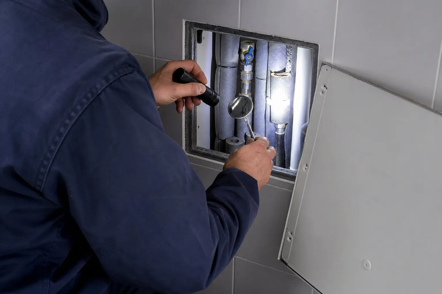 Technicien éclairant l'intérieur d'une gaine technique murale à la lampe torche, miroir d'inspection dans l'autre main